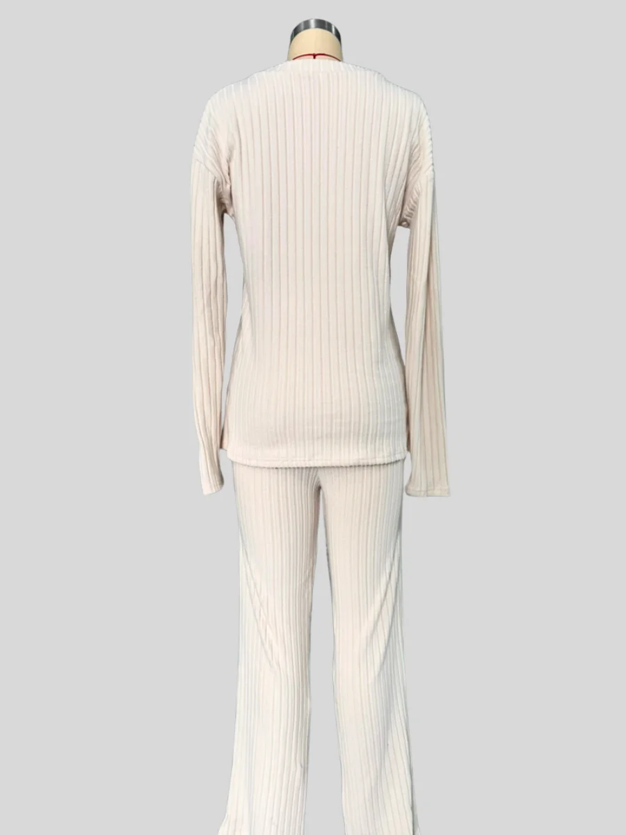 Women Plain Embossed Two-Piece Set Daily Long Sleeve Casual Spring/Fall Top With Pants Matching Set