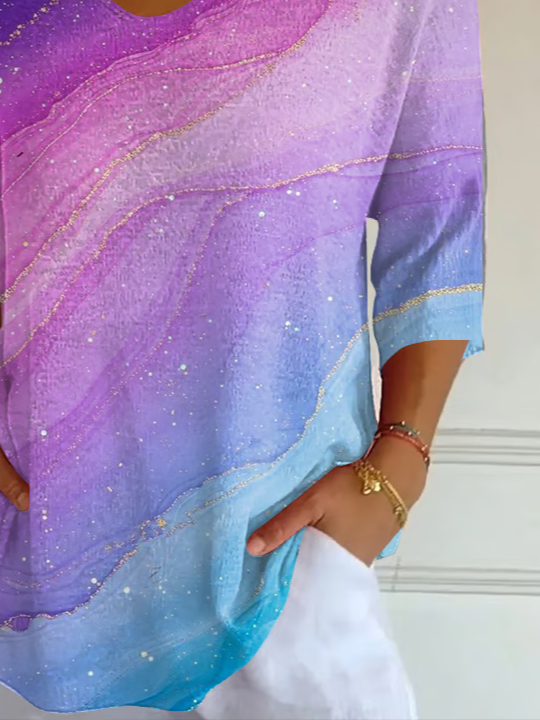 Casual Abstract V Neck Three Quarter Sleeve T-shirt