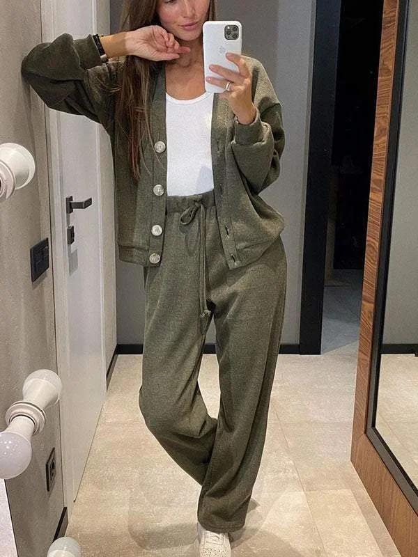 Women Plain Split Joint Two-Piece Set Daily Long Sleeve Casual Spring/Fall Top With Pants Matching Set