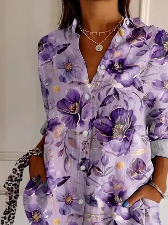 Shirt Collar Regular Sleeve Long Sleeve Floral Buckle Regular Loose Button Up Shirt Shirt For Women