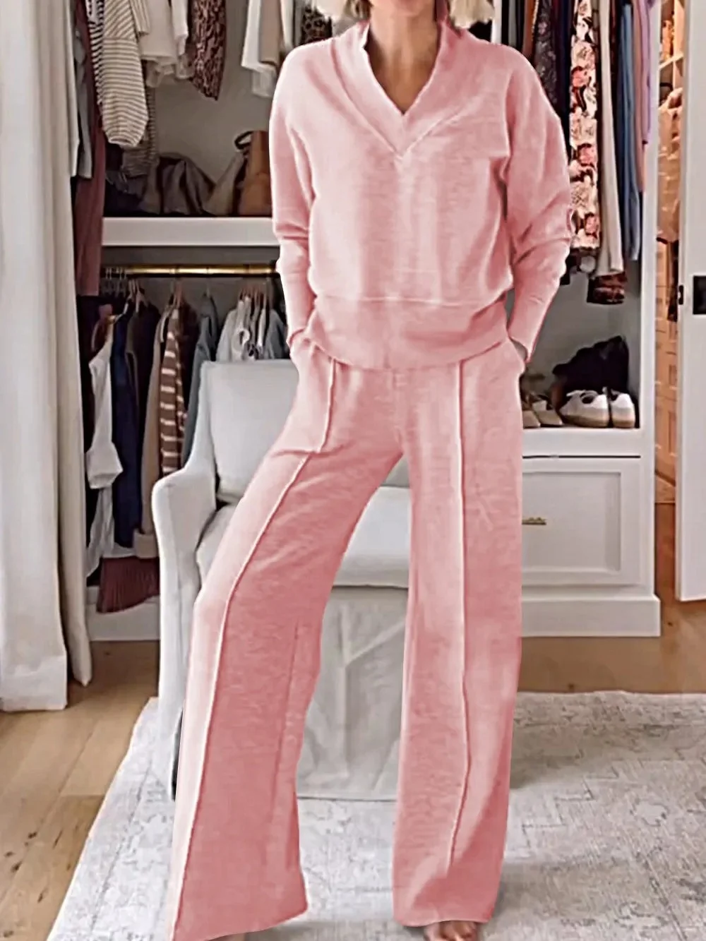 Women Plain Split Joint Two-Piece Set Daily Long Sleeve Casual Spring/Fall Top With Pants Matching Set