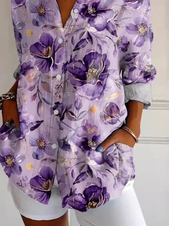 Shirt Collar Regular Sleeve Long Sleeve Floral Buckle Regular Loose Button Up Shirt Shirt For Women