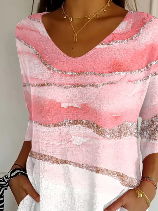 Casual Abstract V Neck Three Quarter Sleeve T-shirt