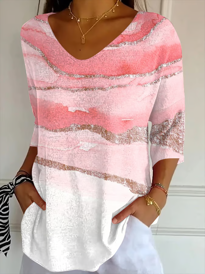 Casual Abstract V Neck Three Quarter Sleeve T-shirt