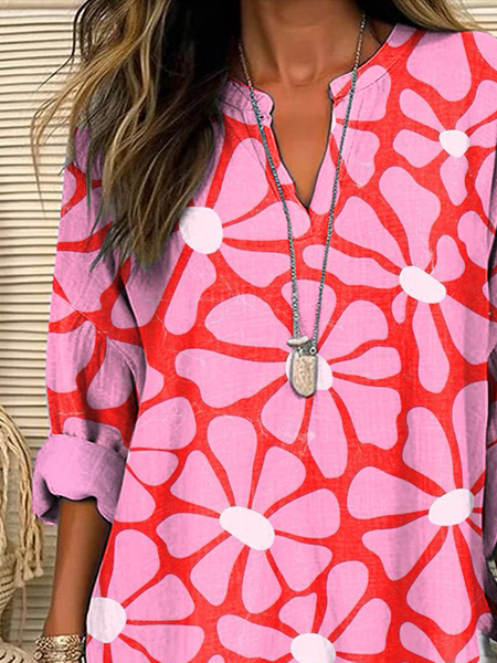 V Neck Long Sleeve Floral Printing Regular Loose Blouse For Women