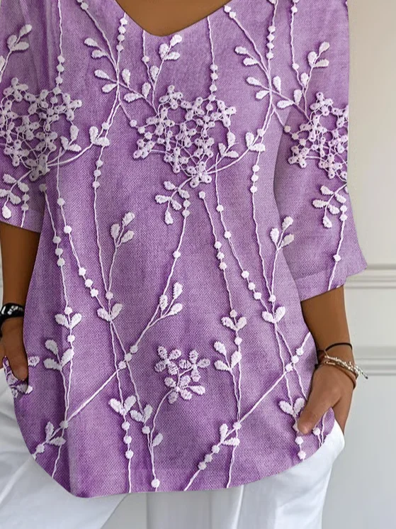 Casual 3D Floral Print V Neck 3/4 Length Sleeve T-shirt