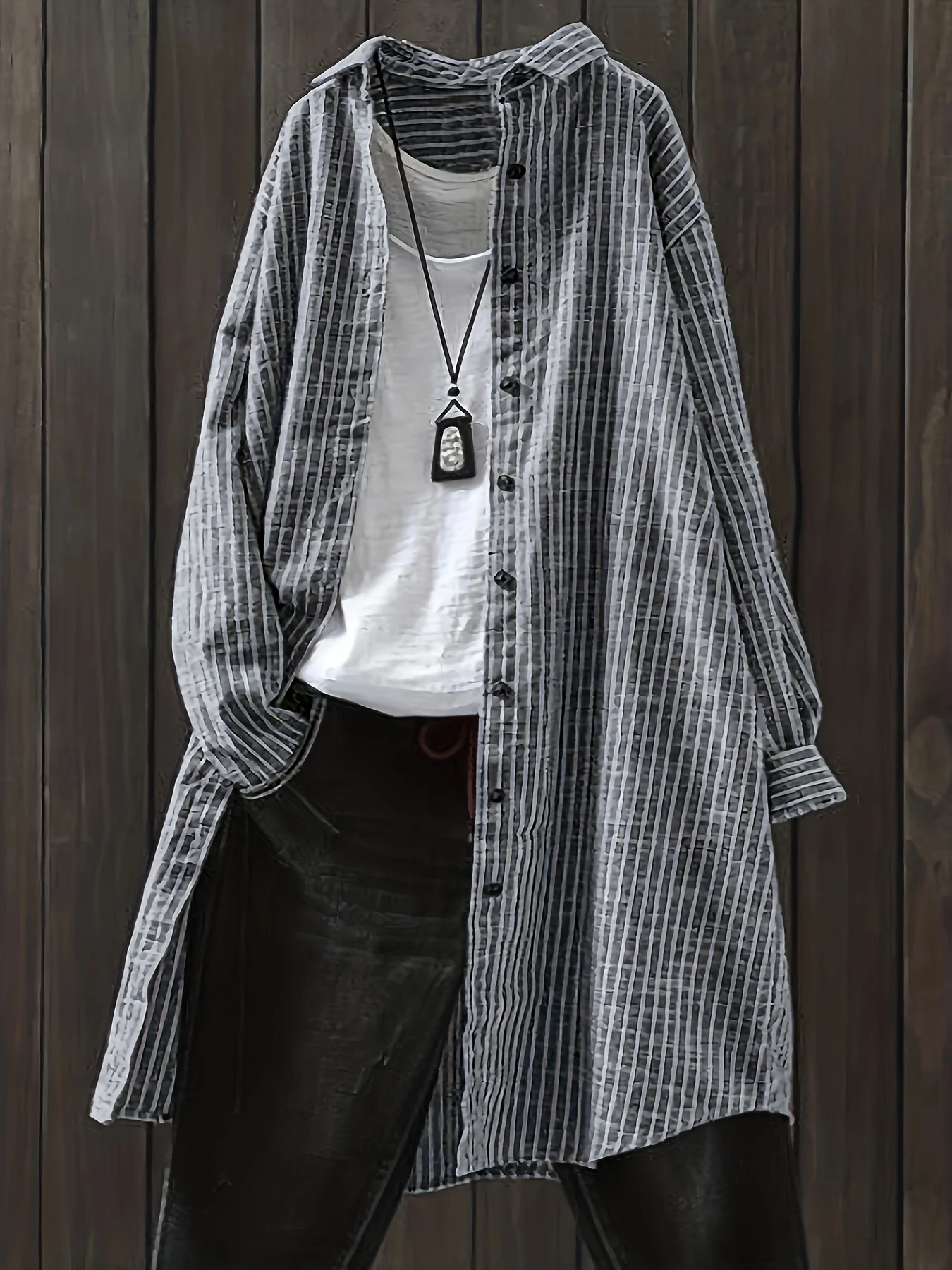 Stand Collar Long Sleeve Striped Printing Regular Micro-Elasticity Loose Tunic Shirt For Women