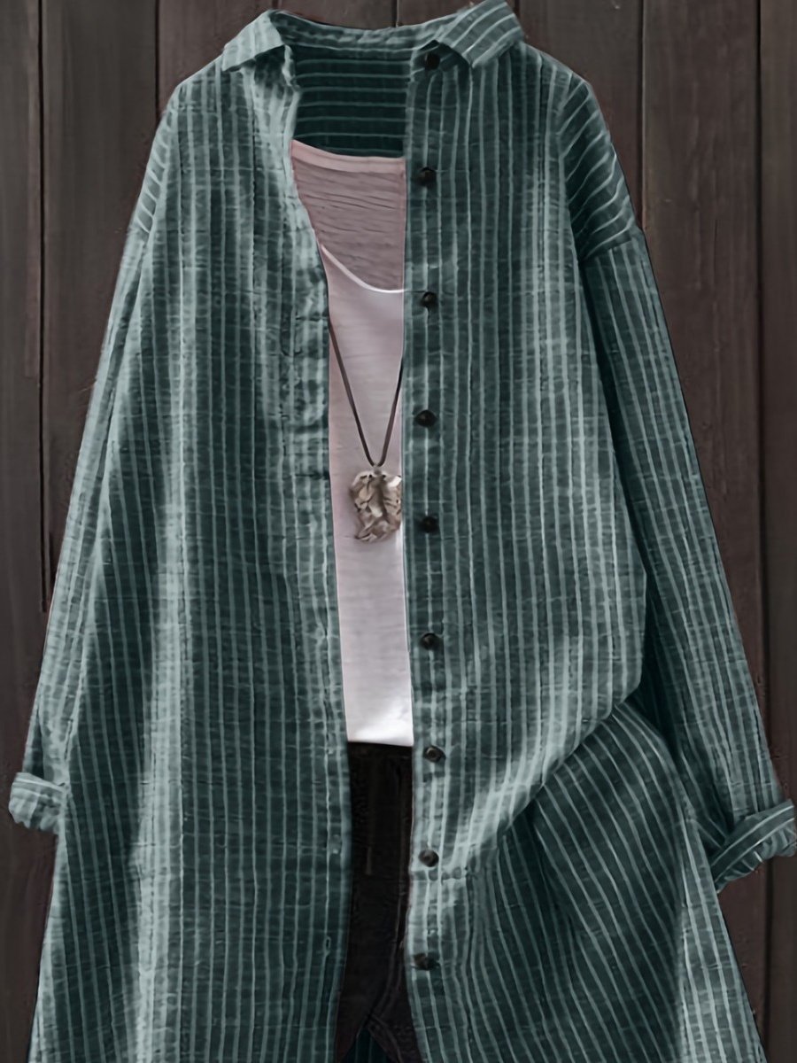 Stand Collar Long Sleeve Striped Printing Regular Micro-Elasticity Loose Tunic Shirt For Women