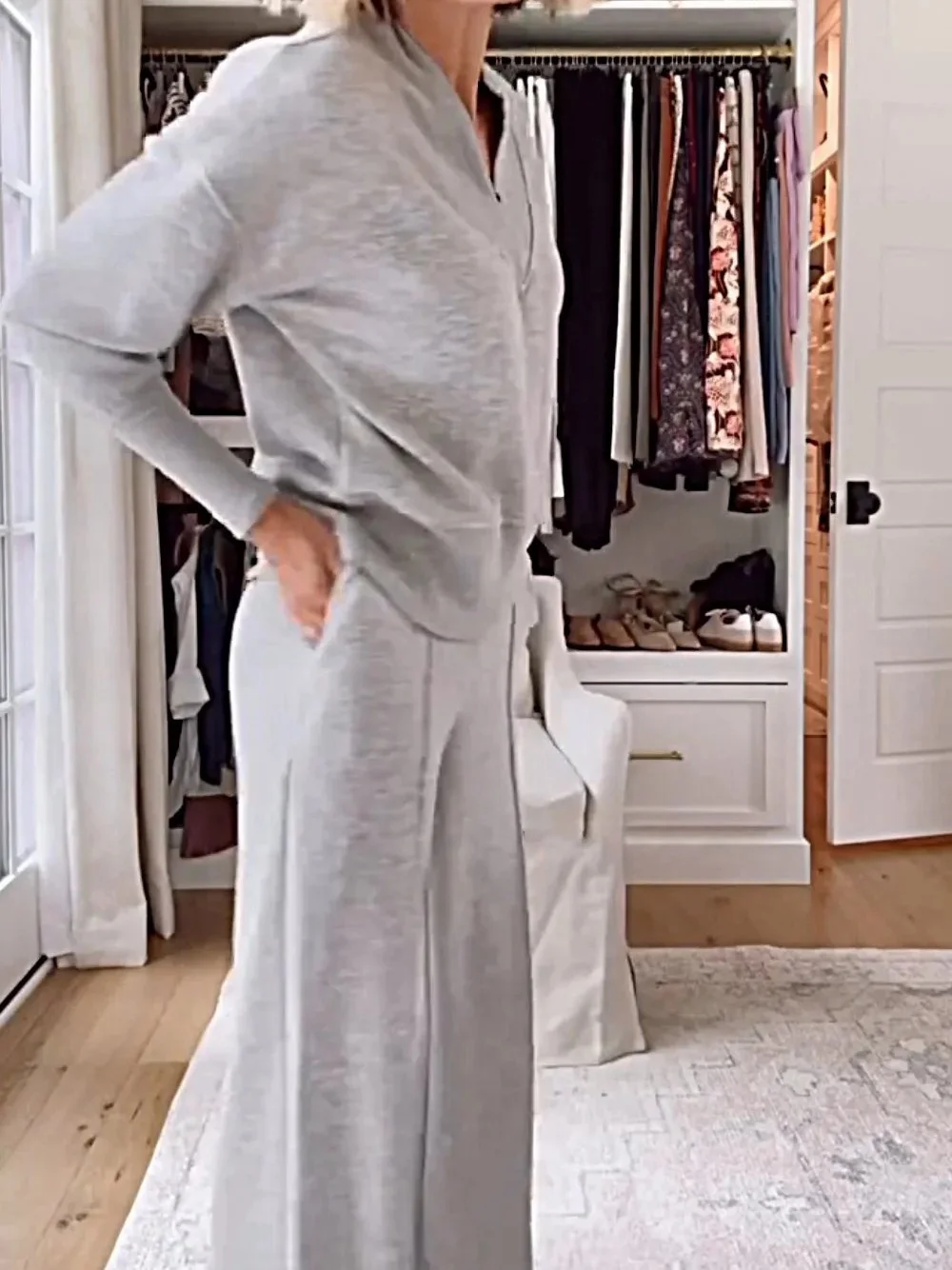 Women Plain Split Joint Two-Piece Set Daily Long Sleeve Casual Spring/Fall Top With Pants Matching Set