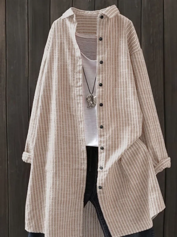 Stand Collar Long Sleeve Striped Printing Regular Micro-Elasticity Loose Tunic Shirt For Women