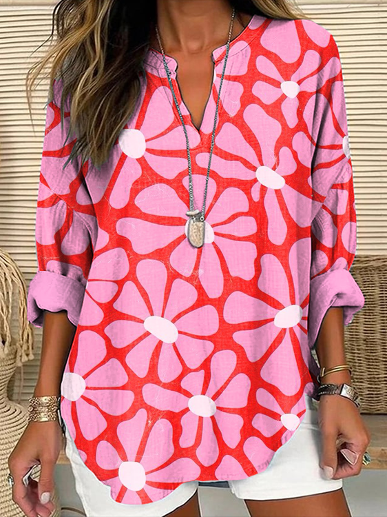 V Neck Long Sleeve Floral Printing Regular Loose Blouse For Women