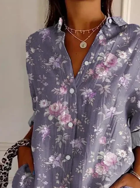 Shirt Collar Regular Sleeve Long Sleeve Floral Buckle Regular Loose Button Up Shirt Shirt For Women