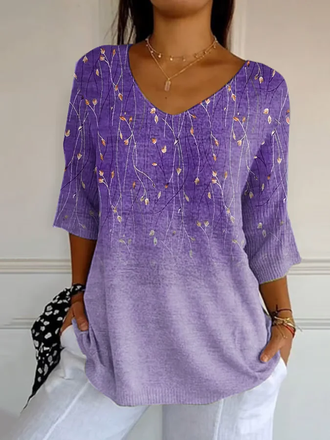 Casual Floral V Neck Three Quarter Sleeve T-shirt