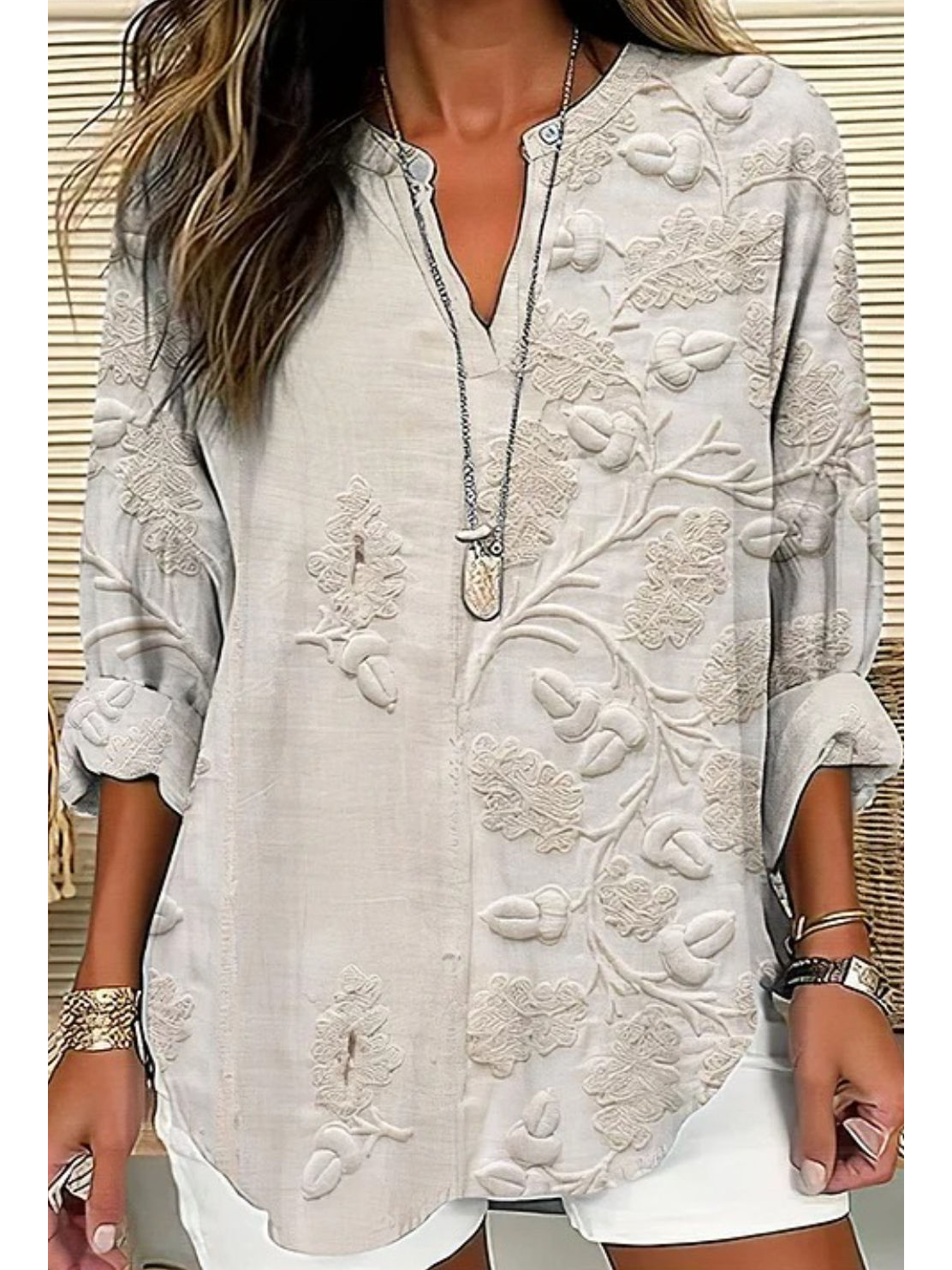 V Neck Long Sleeve 3D Floral Printing Regular Loose Blouse For Women