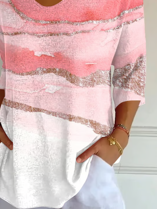Casual Abstract V Neck Three Quarter Sleeve T-shirt