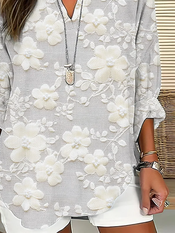 V Neck Long Sleeve Floral Printing Regular Loose Blouse For Women