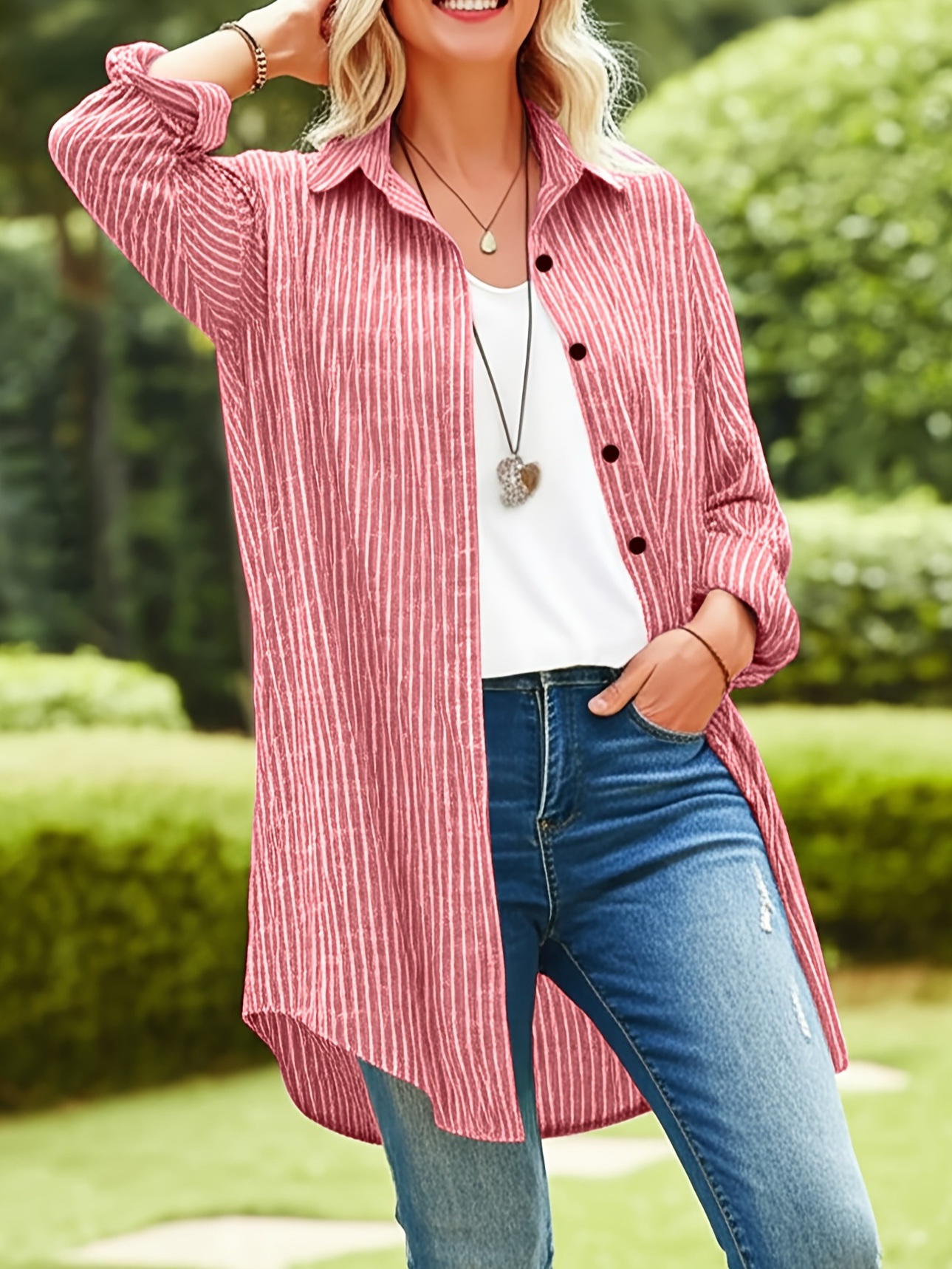 Stand Collar Long Sleeve Striped Printing Regular Micro-Elasticity Loose Tunic Shirt For Women