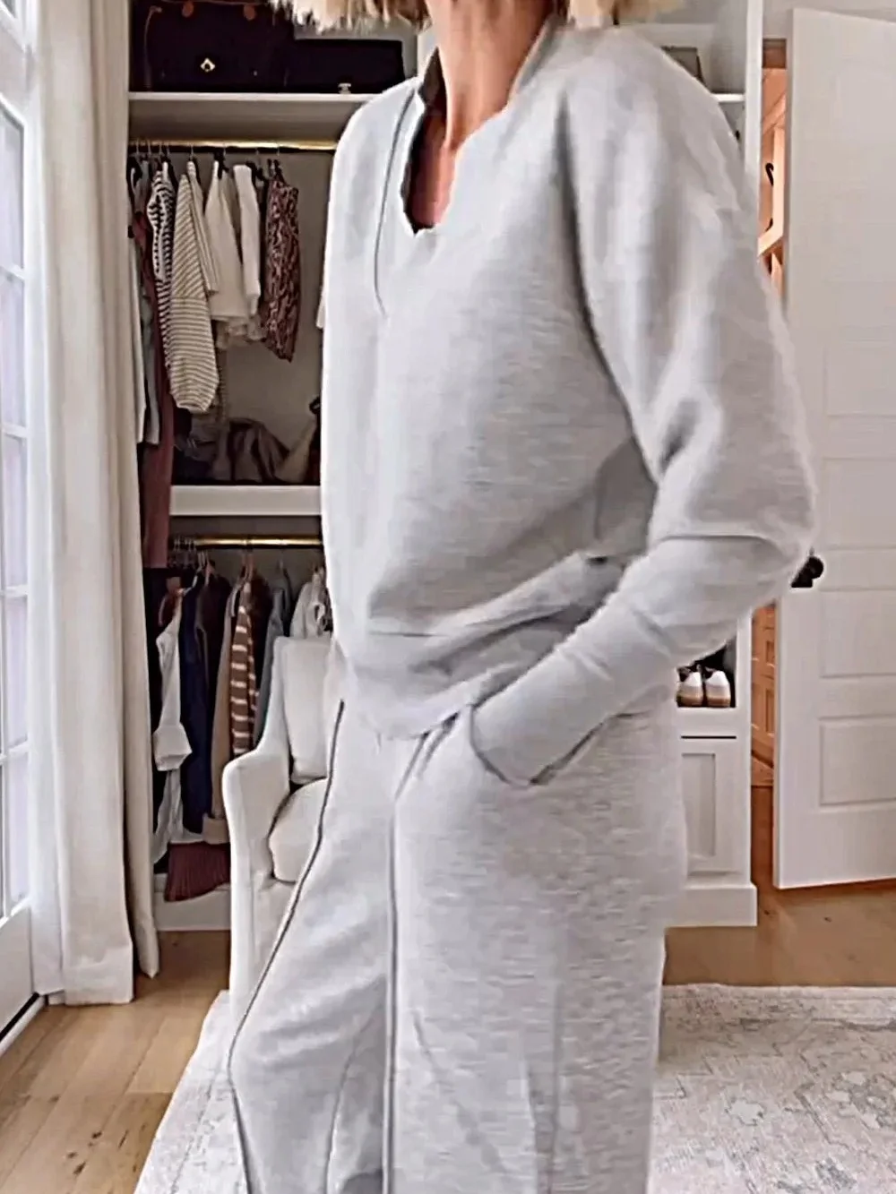 Women Plain Split Joint Two-Piece Set Daily Long Sleeve Casual Spring/Fall Top With Pants Matching Set