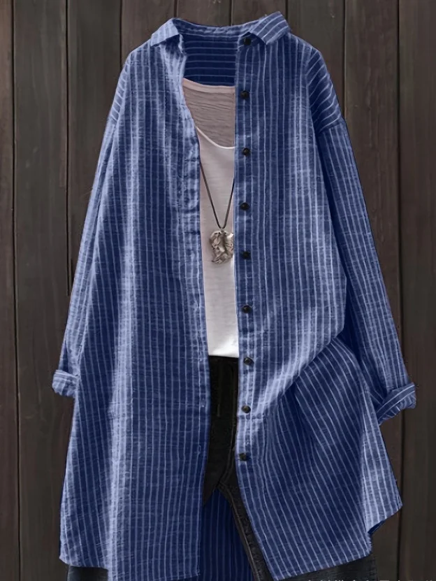 Stand Collar Long Sleeve Striped Printing Regular Micro-Elasticity Loose Tunic Shirt For Women