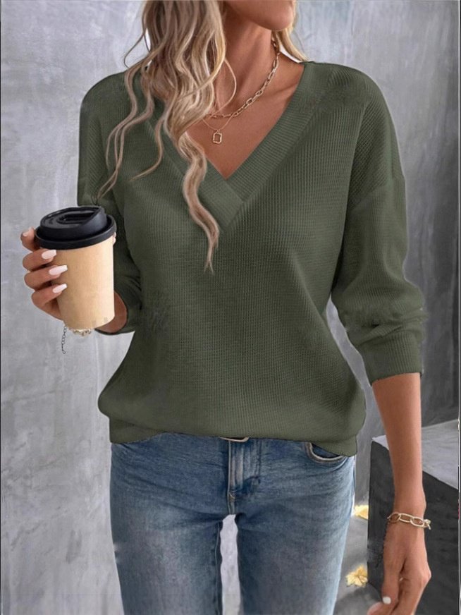 Vintage Plain V Neck Long Sleeve T-shirt