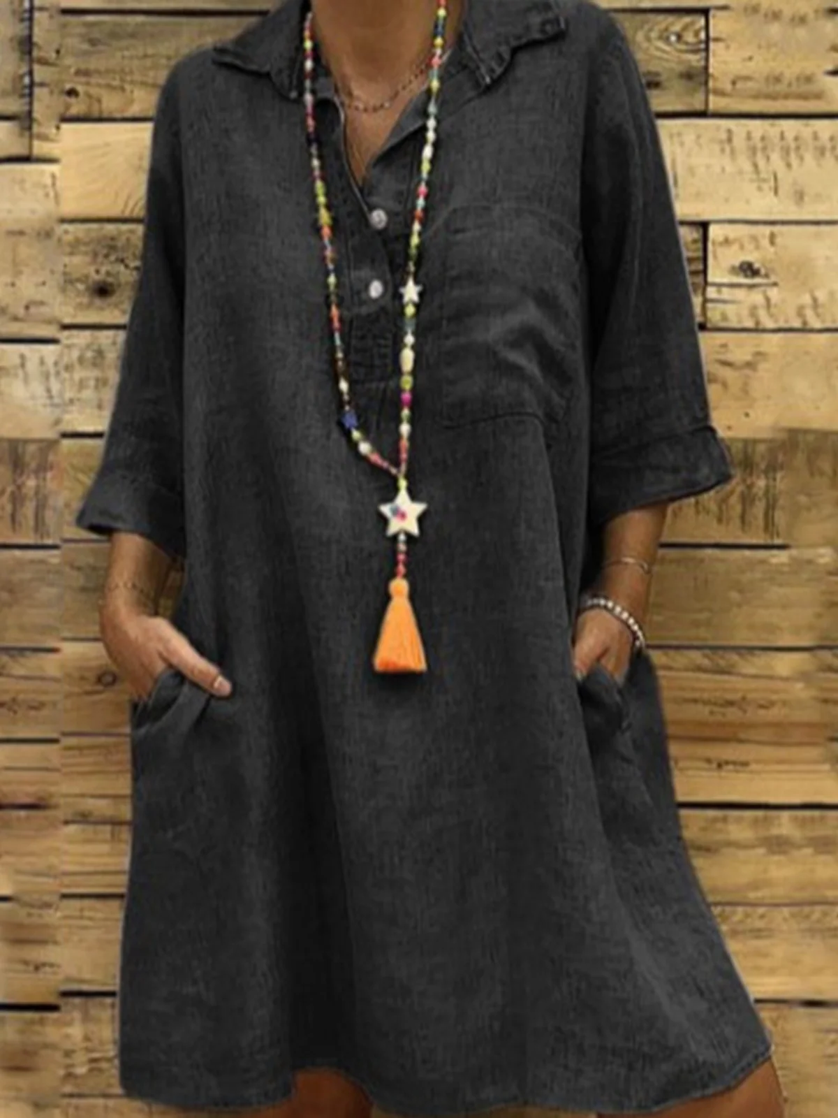 Women Plain All Season Dress Shirt Collar Three Quarter Sleeve Shirt Dress H-Line Dress