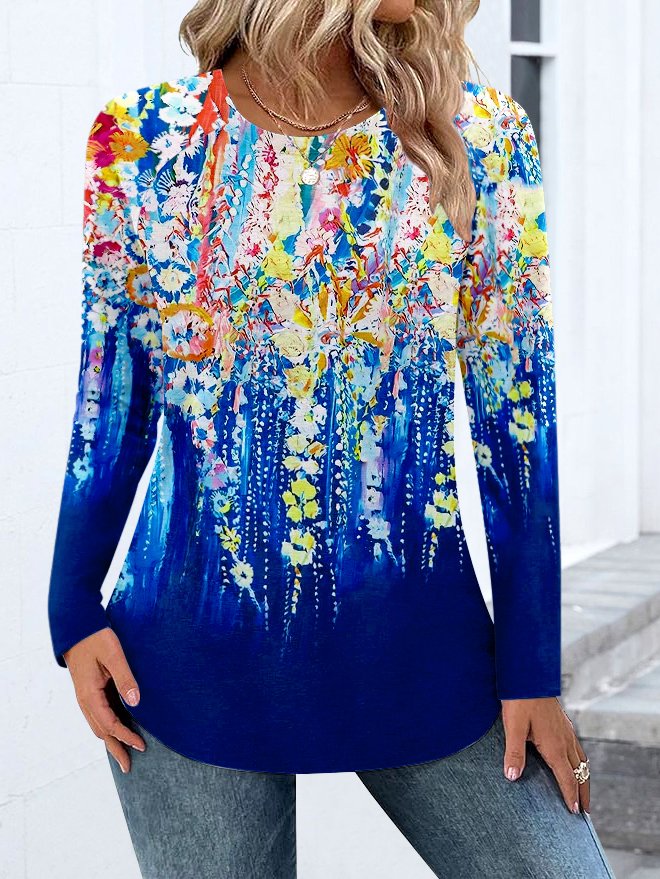 Casual Color Block Crew Neck Long Sleeve T-shirt