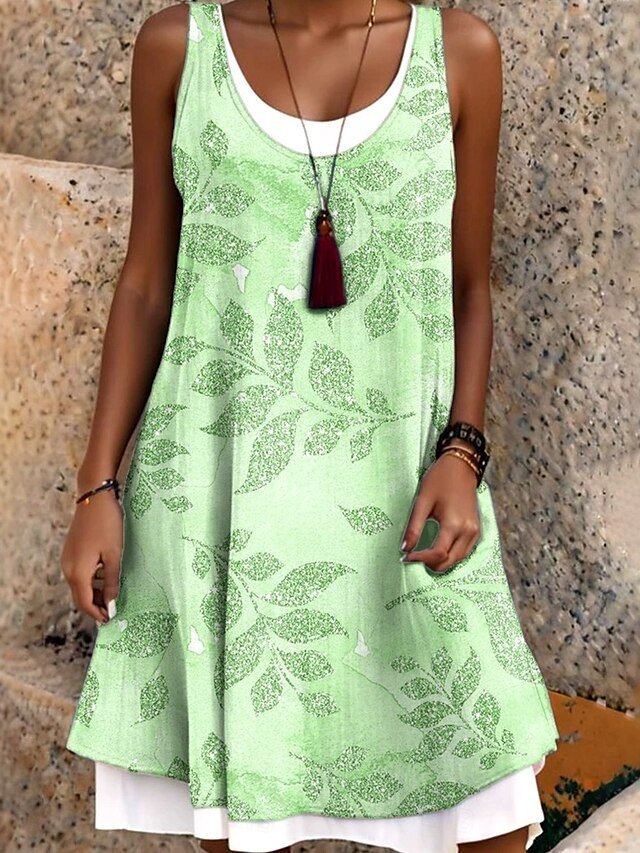 Women Floral Summer Dress Crew Neck Sleeveless A-Line Dress