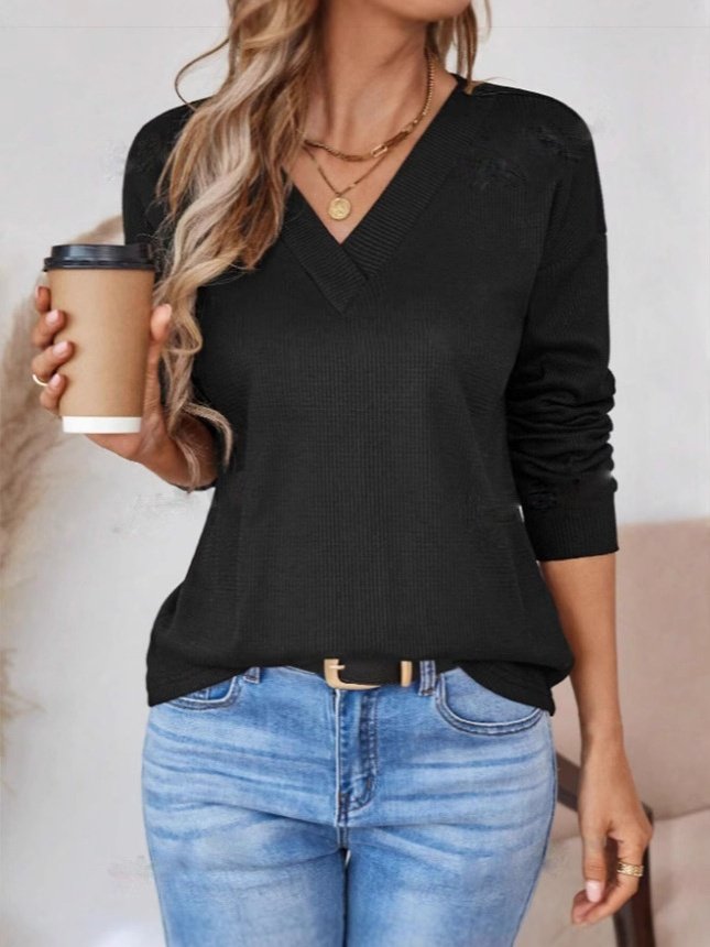 Vintage Plain V Neck Long Sleeve T-shirt