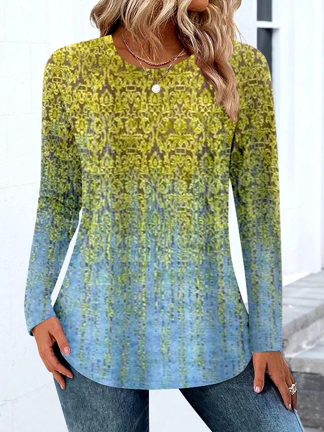 Casual Color Block Crew Neck Long Sleeve T-shirt