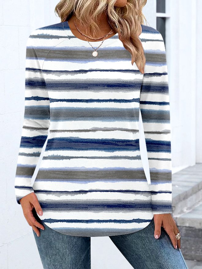 Casual Color Block Crew Neck Long Sleeve T-shirt