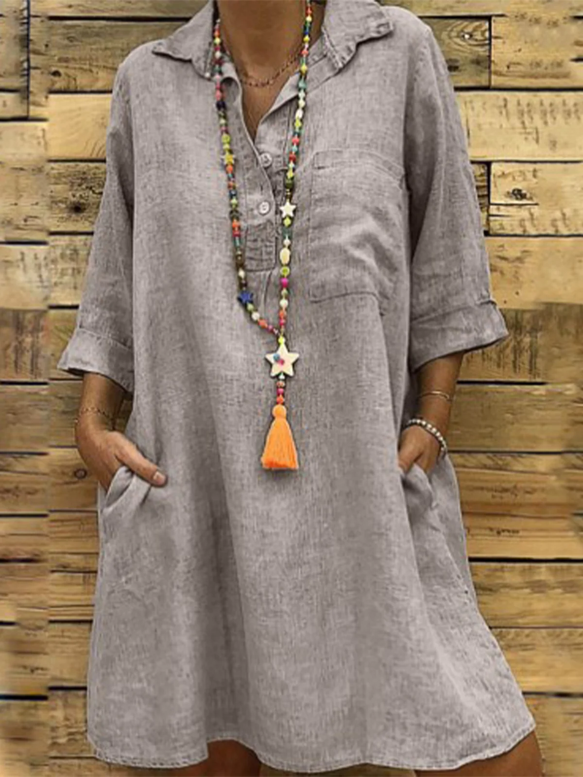 Women Plain All Season Dress Shirt Collar Three Quarter Sleeve Shirt Dress H-Line Dress