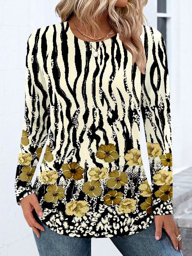 Casual Color Block Crew Neck Long Sleeve T-shirt