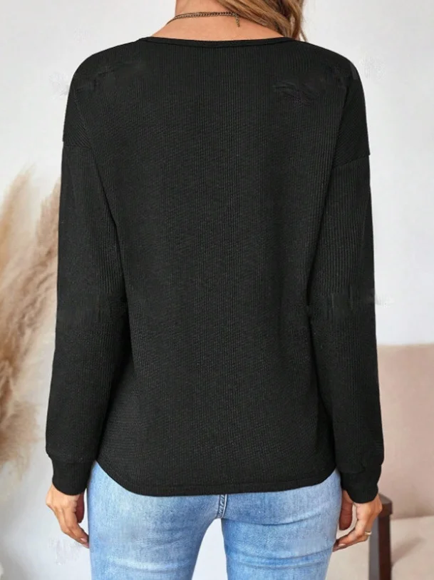 Vintage Plain V Neck Long Sleeve T-shirt