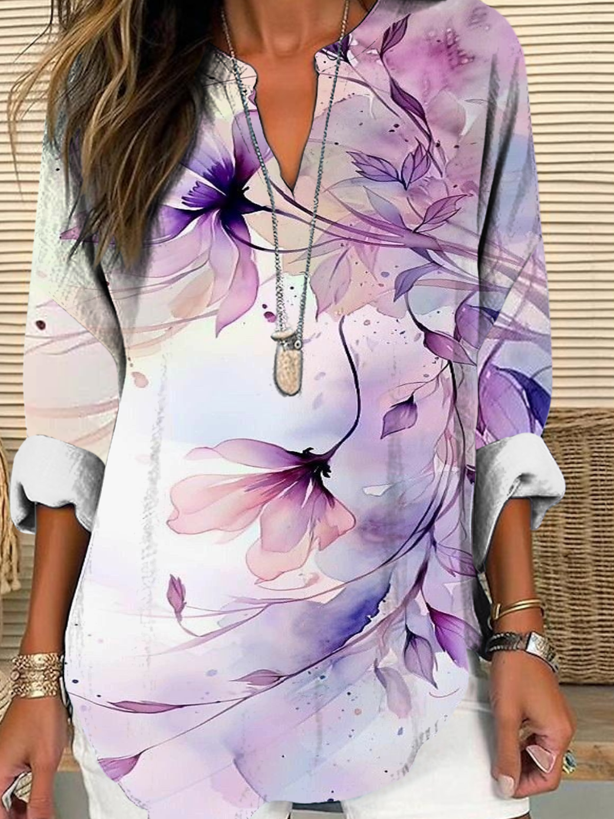 Shawl Collar Half Sleeve Floral Regular Loose Blouse For Women
