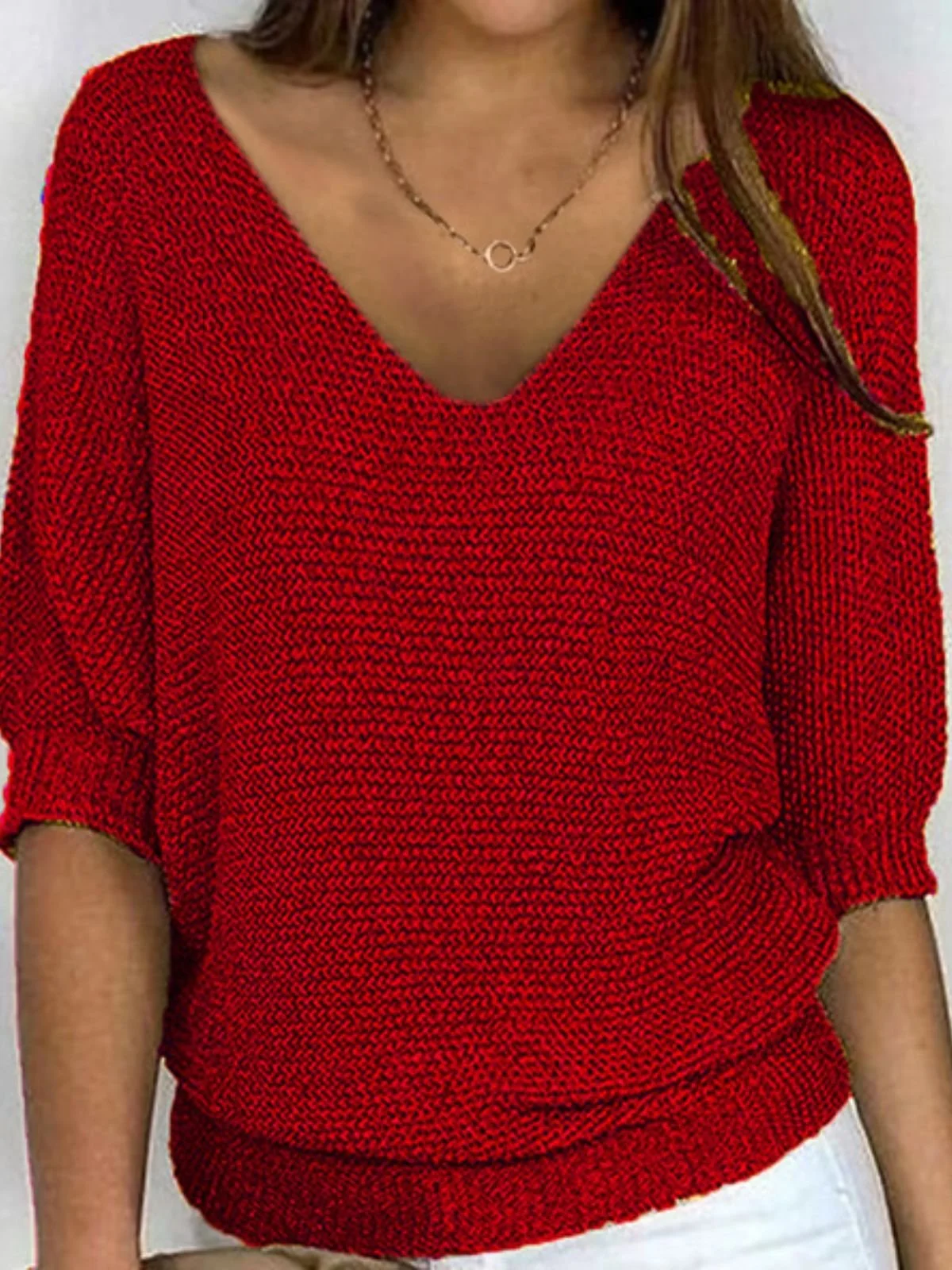 Women's Sweater Casual Plain Simple 3/4 Length Sleeve Knit Top
