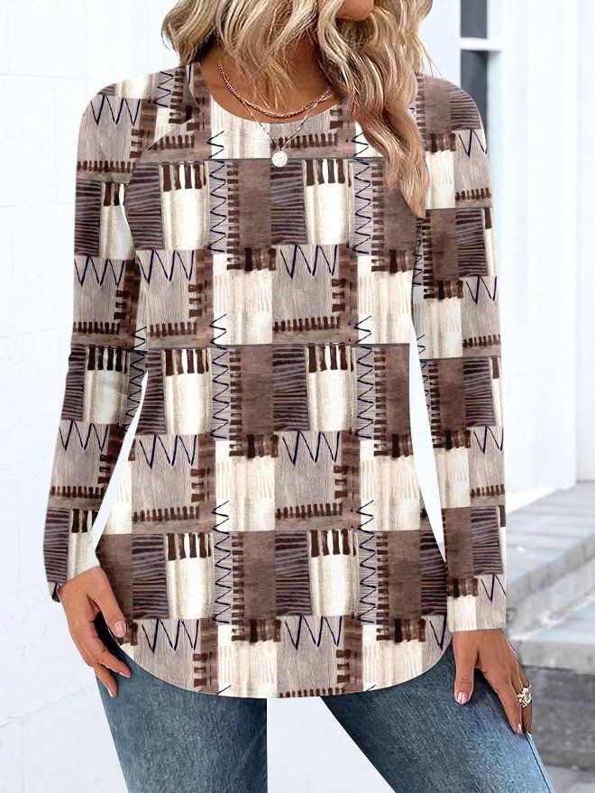 Casual Color Block Crew Neck Long Sleeve T-shirt