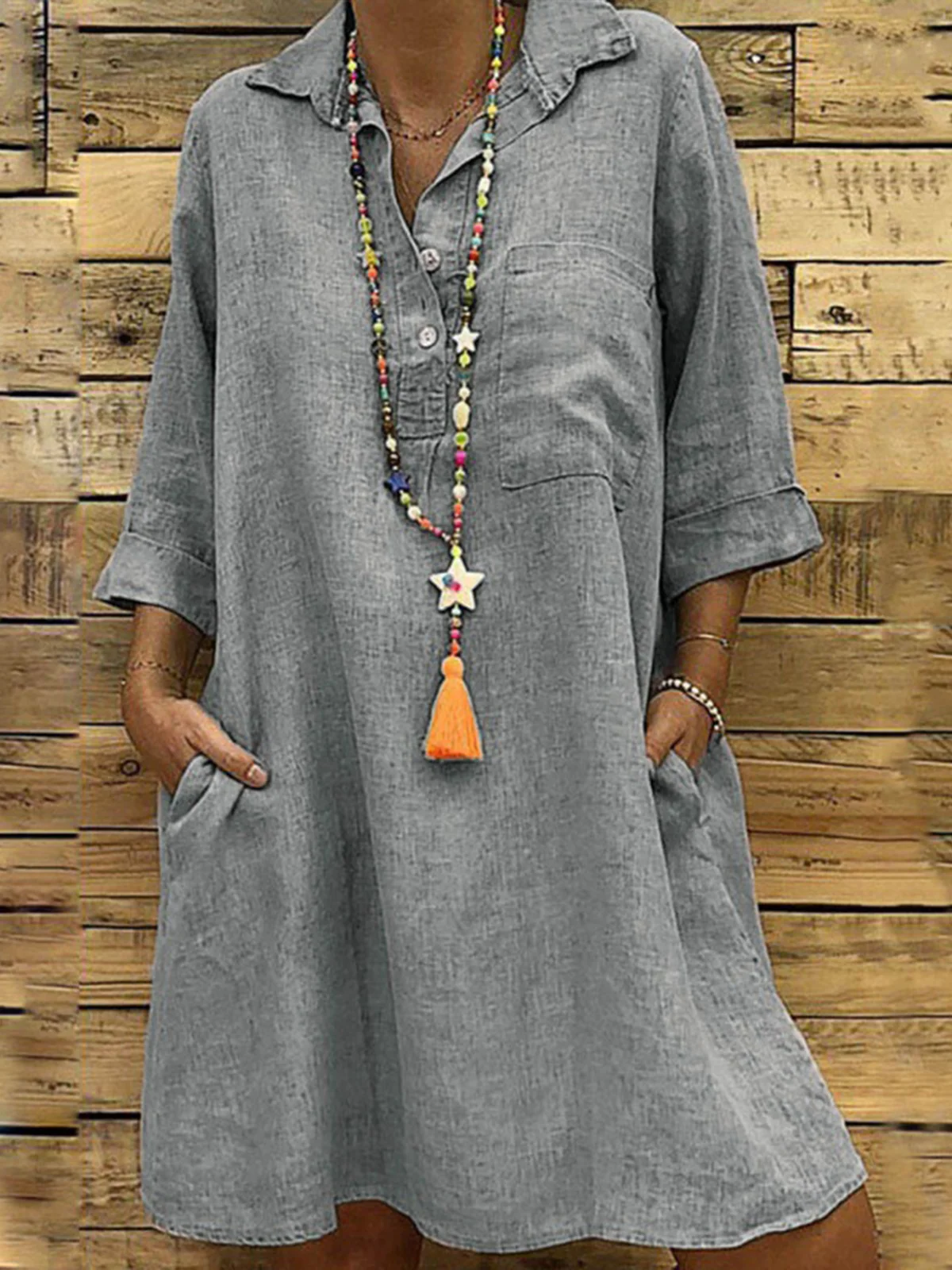 Women Plain All Season Dress Shirt Collar Three Quarter Sleeve Shirt Dress H-Line Dress