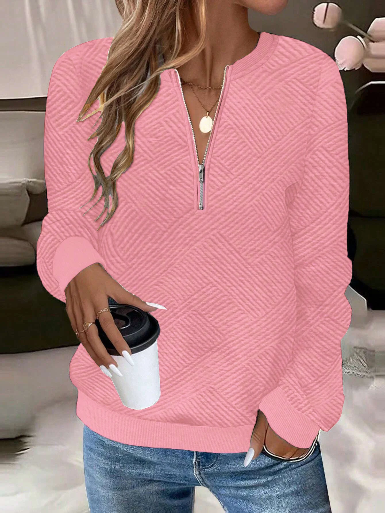 Casual V Neck Plain Sweatshirt