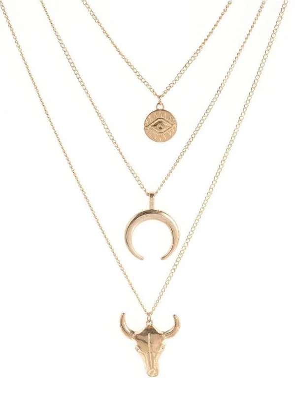 Electroplating Fashion Simple Alloy Bull Head Geometric Disc Eyes Horn Multi-layer Necklace