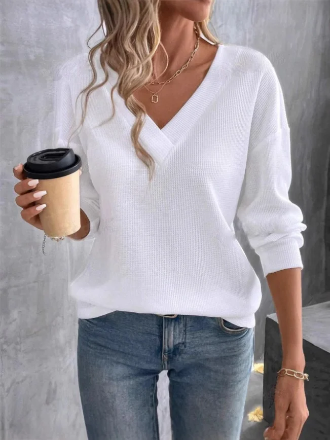 Vintage Plain V Neck Long Sleeve T-shirt