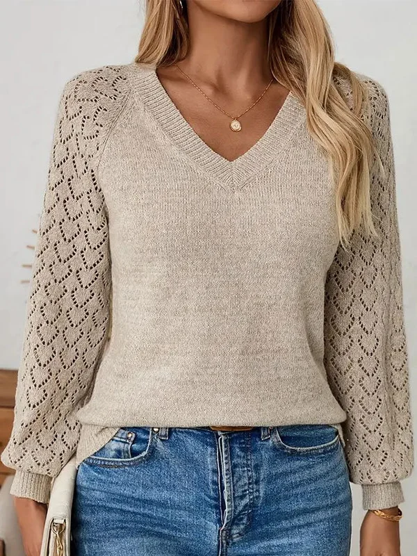 Casual Plain V Neck Long Sleeve T-shirt