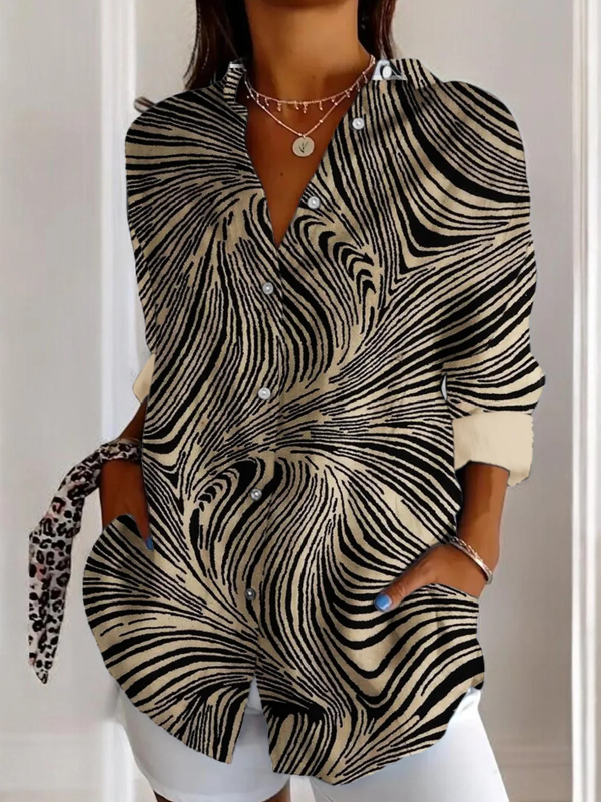 V Neck Long Sleeve Abstract Stripes Regular Micro-Elasticity Regular Fit Shirt For Women