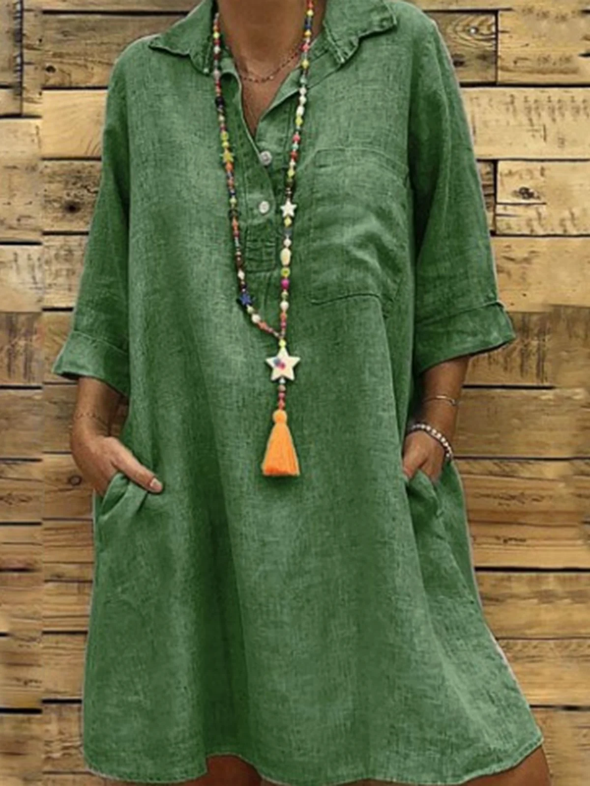 Women Plain All Season Dress Shirt Collar Three Quarter Sleeve Shirt Dress H-Line Dress