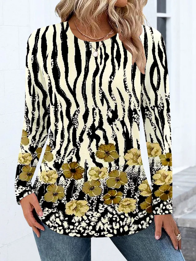 Casual Color Block Crew Neck Long Sleeve T-shirt