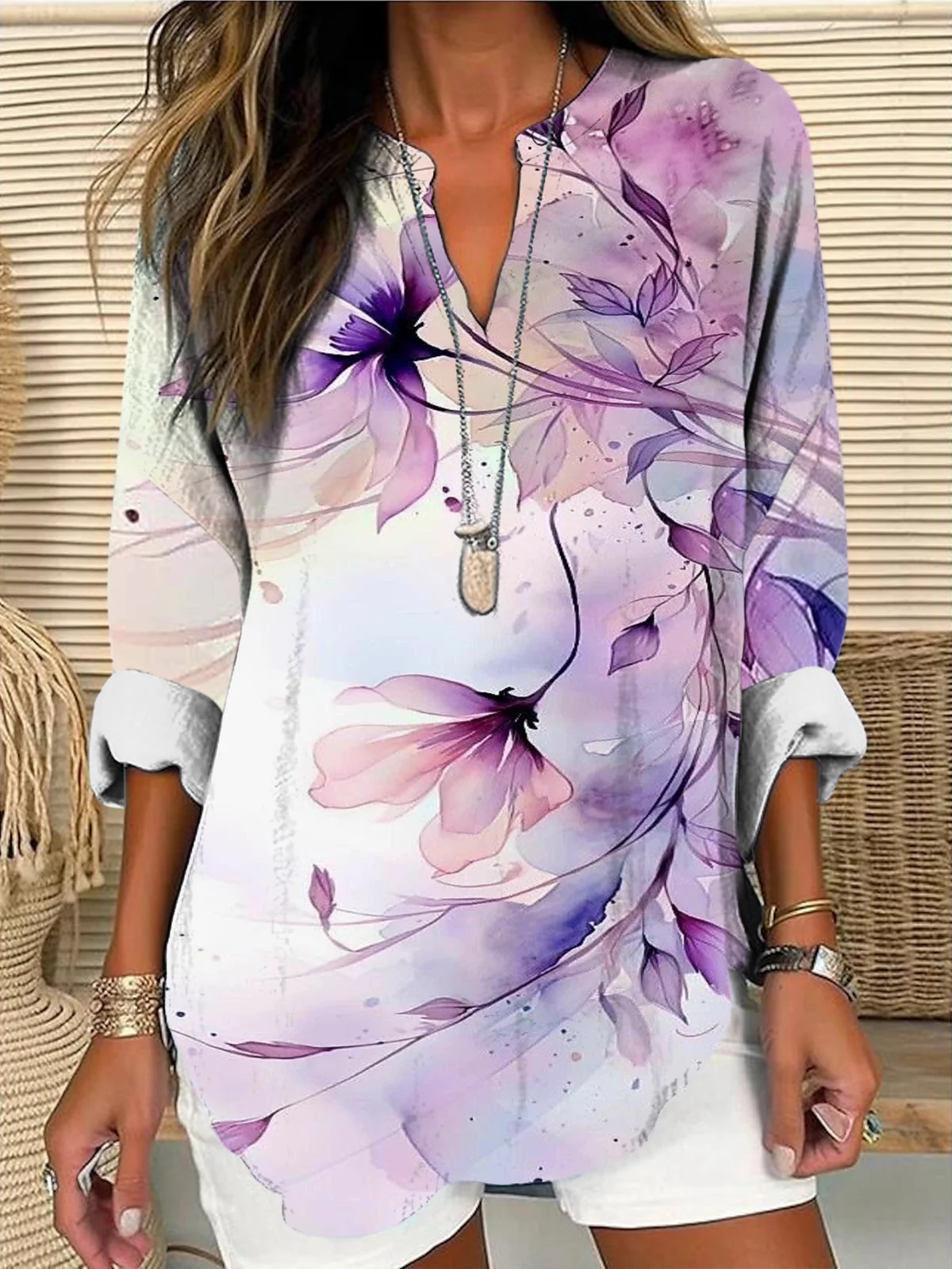 Shawl Collar Half Sleeve Floral Regular Loose Blouse For Women