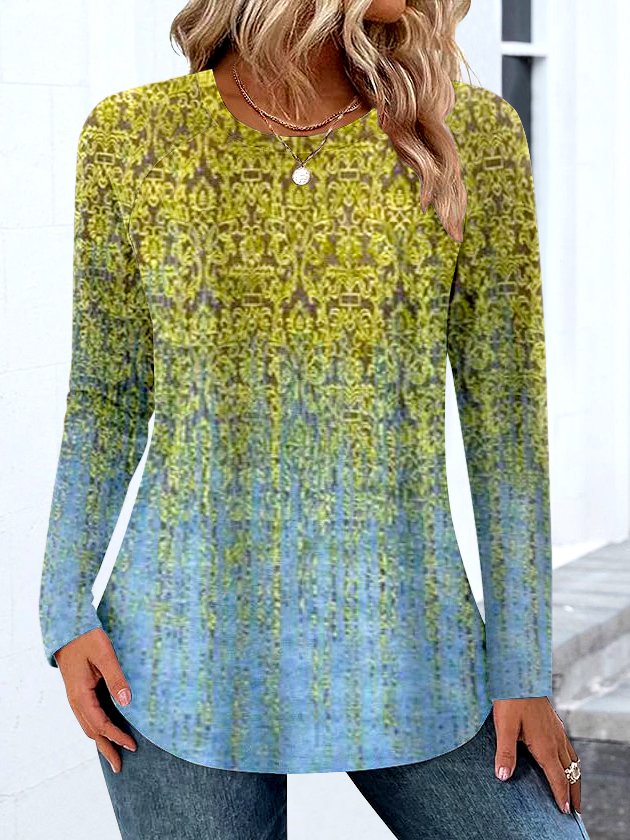 Casual Color Block Crew Neck Long Sleeve T-shirt