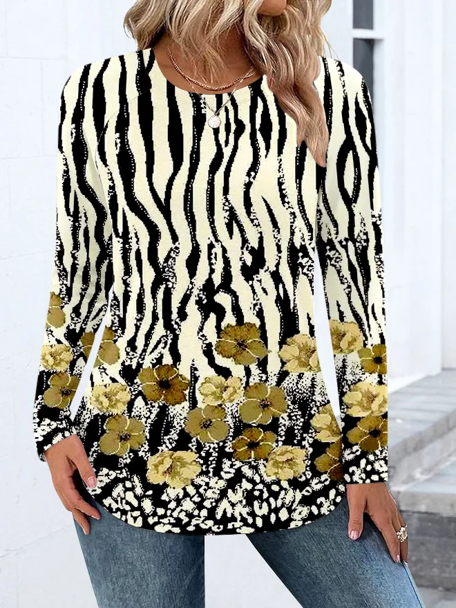 Casual Color Block Crew Neck Long Sleeve T-shirt