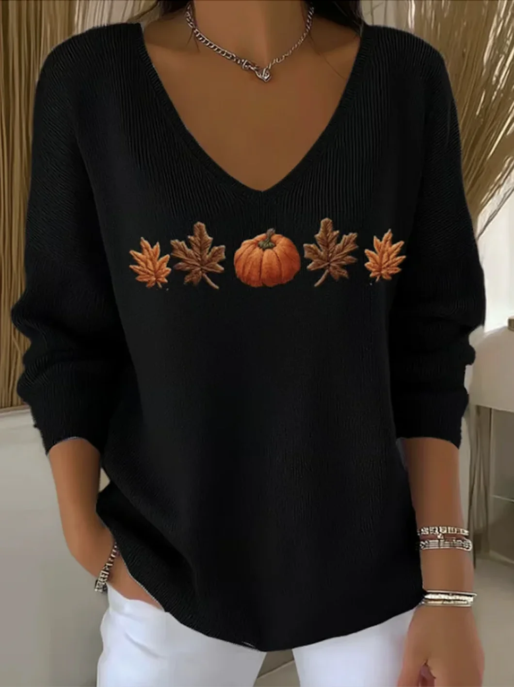 Women Cotton Maple Leaf Pumpkin Print Long Sleeve Comfy Casual Sweater