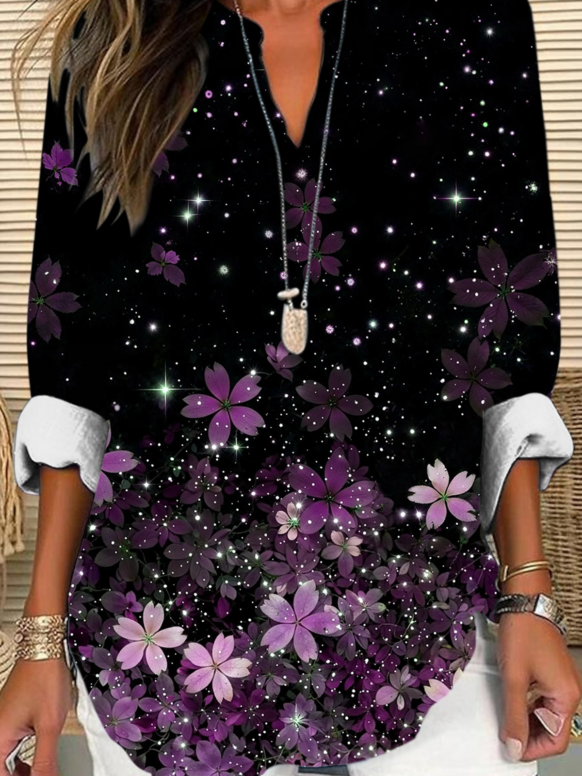 Shawl Collar Half Sleeve Floral Regular Loose Blouse For Women