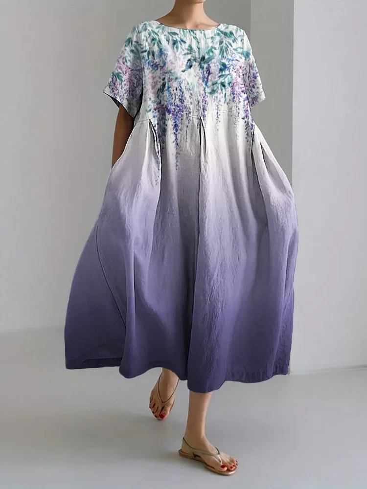 Women Floral Summer Dress Crew Neck Short Sleeve A-Line Dress